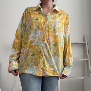 Boden yellow abstract floral button-up blouse size L